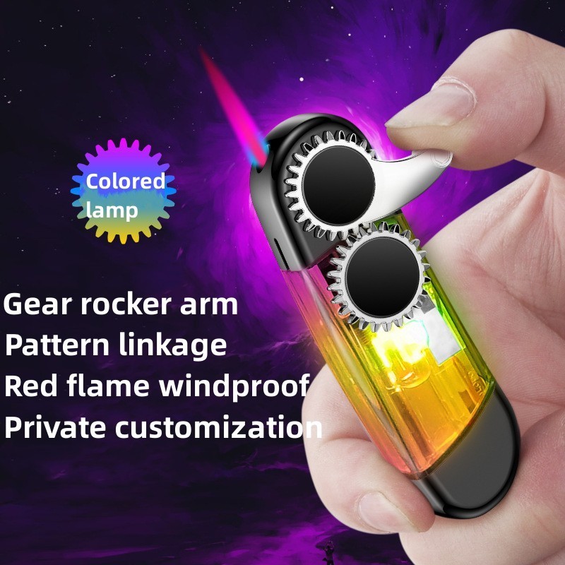 Customizable Gear Rocker Arm Windproof Red Flame Lighter Adjustable Flame Cyclic Fill Gas Lighter