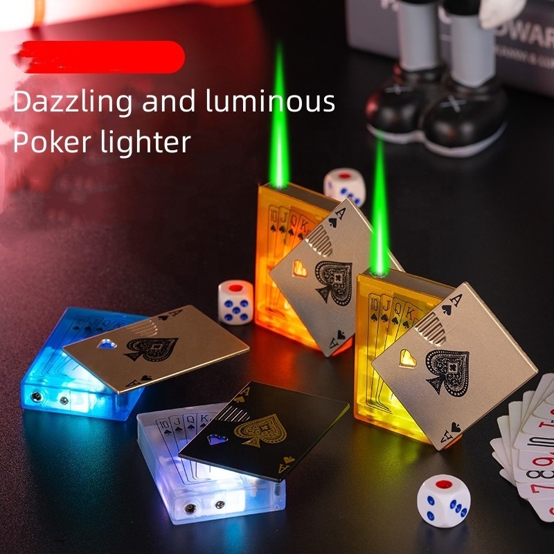 Metal Luminous Visible Gas spade Windproof Green Flame Lighter,Poker Playing Card Green Fire Visible Gas Tank With Light Cigar