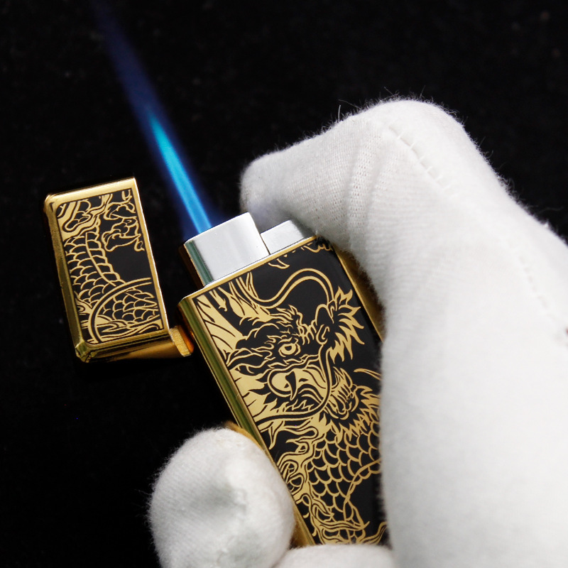 Creative single blue  jet flame  metal inflatable lighter relief Golden Dragon  lighter