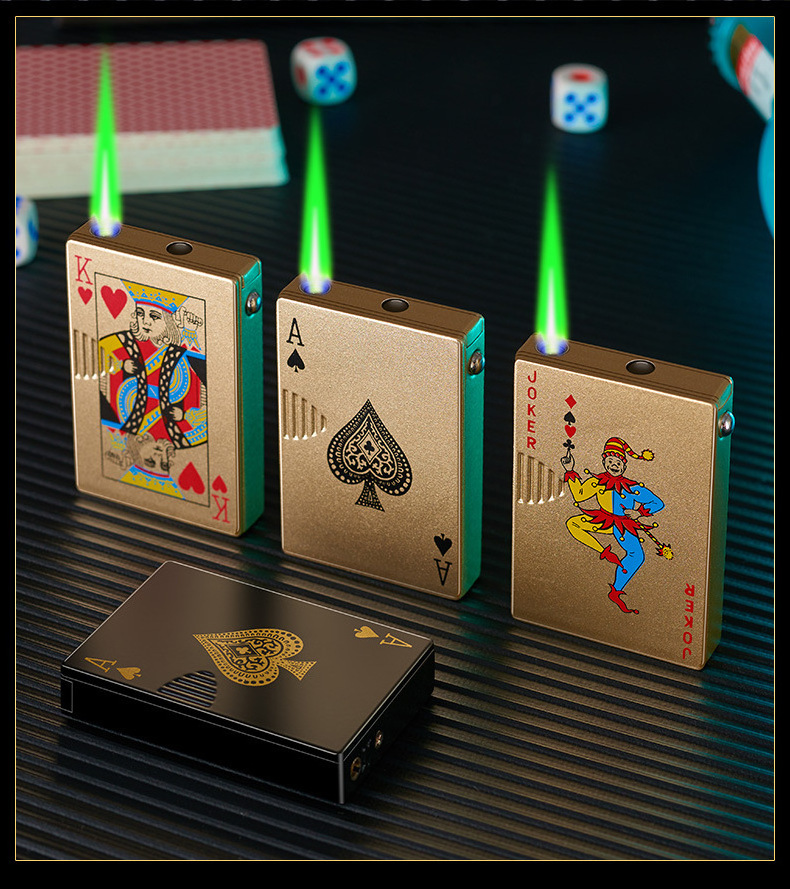 Hot sale  Ace cards Lighter Green Jet Flame Torch Windproof Metal Encendedores For Cigarette Poker Playing Cards Lighter