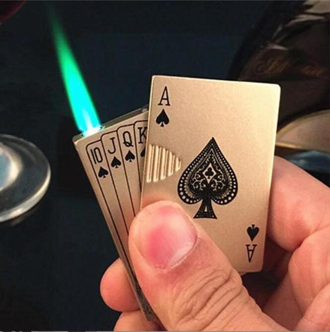 Hot sale  Ace cards Lighter Green Jet Flame Torch Windproof Metal Encendedores For Cigarette Poker Playing Cards Lighter