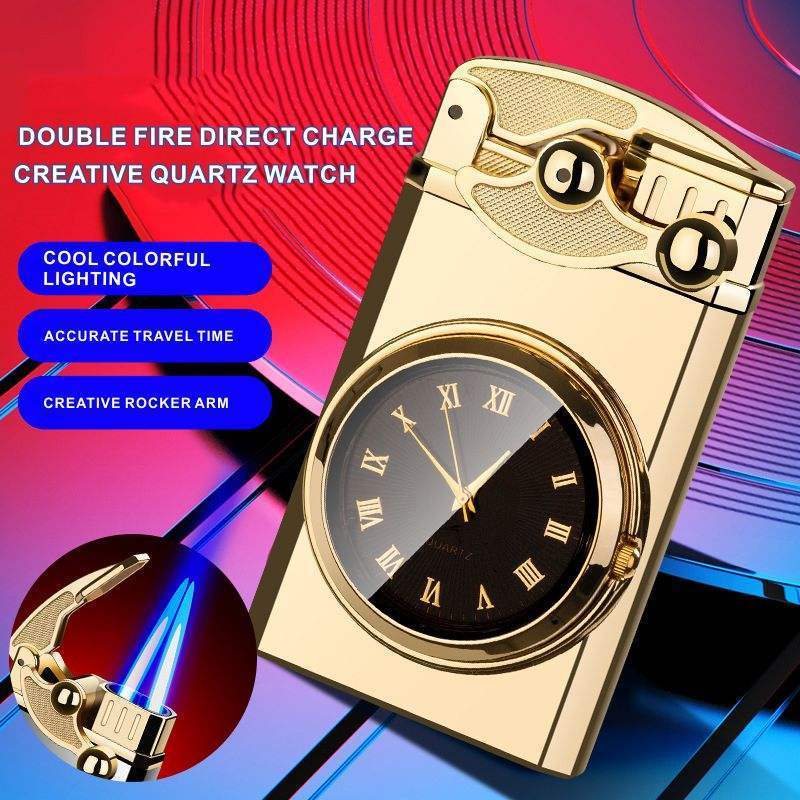 Dual-Use Lighter With Quartz Watch Metal Lighter Double Fire Lighter Blue Flame Cigarette Lighter