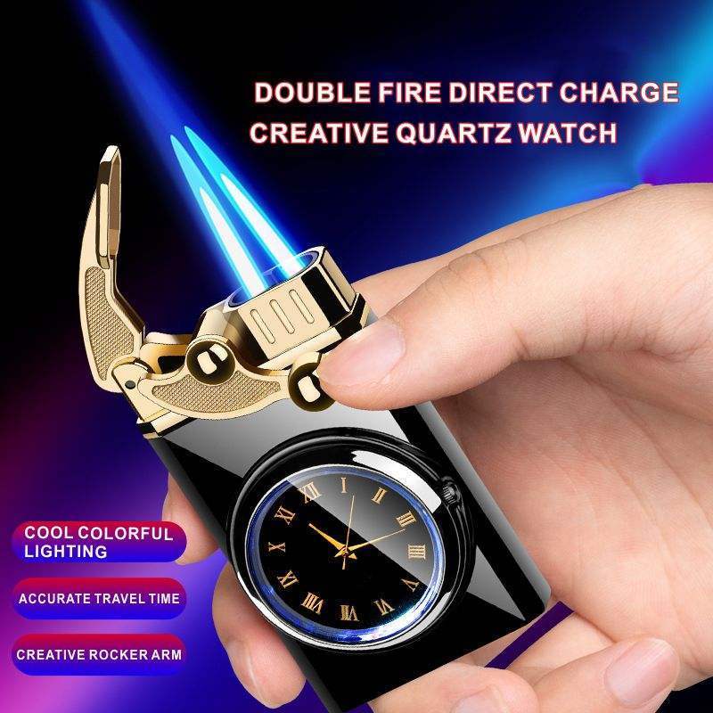 Dual-Use Lighter With Quartz Watch Metal Lighter Double Fire Lighter Blue Flame Cigarette Lighter