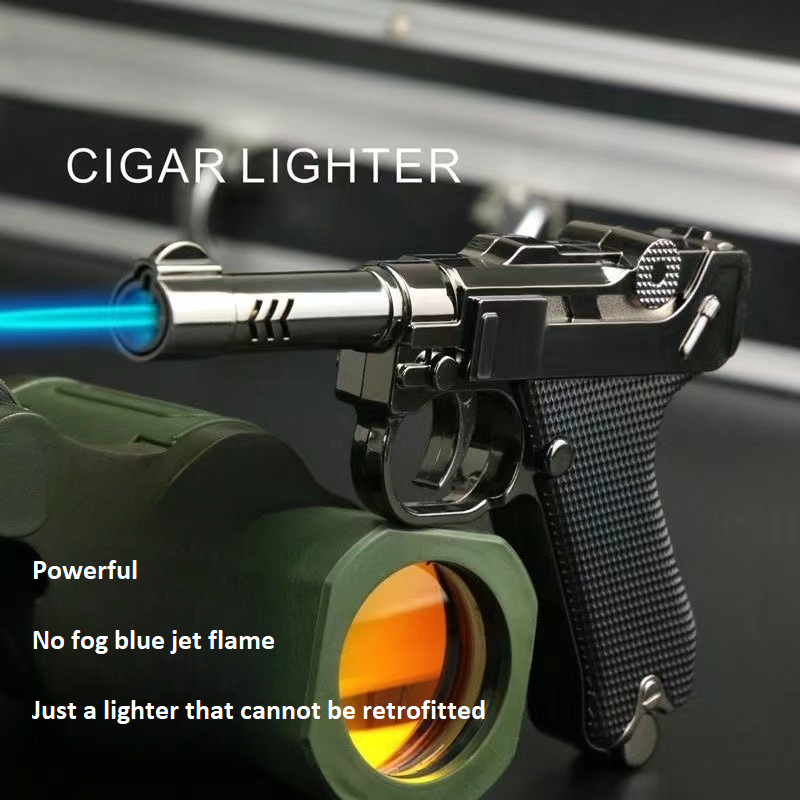 Creative Gun-Shaped Cigar Lighter German Luger Pistol Butane Torch with Inflatable Jet Flame for Cigarettes