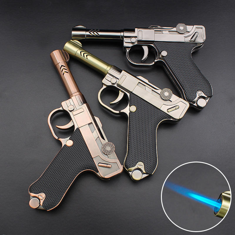 Creative Gun-Shaped Cigar Lighter German Luger Pistol Butane Torch with Inflatable Jet Flame for Cigarettes