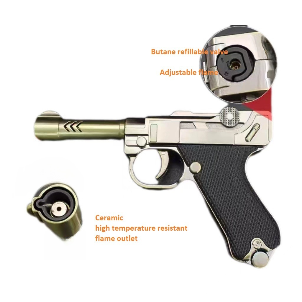 Creative Gun-Shaped Cigar Lighter German Luger Pistol Butane Torch with Inflatable Jet Flame for Cigarettes