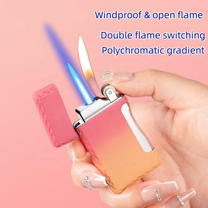 Windproof Cigar Torch Lighter Gradient Color Double Flame Soft/ Jet Flame Switchable Lighter For Men