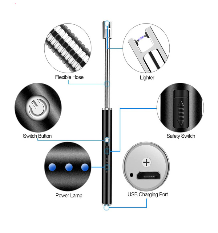 Custom Logo Smart Refillable Electric Smoking Kitchen Lighter Rechargeable USB Charge ARC Lighter for candle