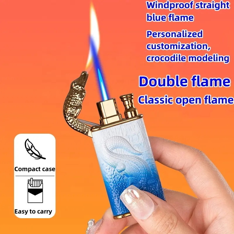 Wholesale Double Fire Crocodile Head Gas Lighter Personality Creative Three-dimensional Relief Conversion Open Flame Lighter