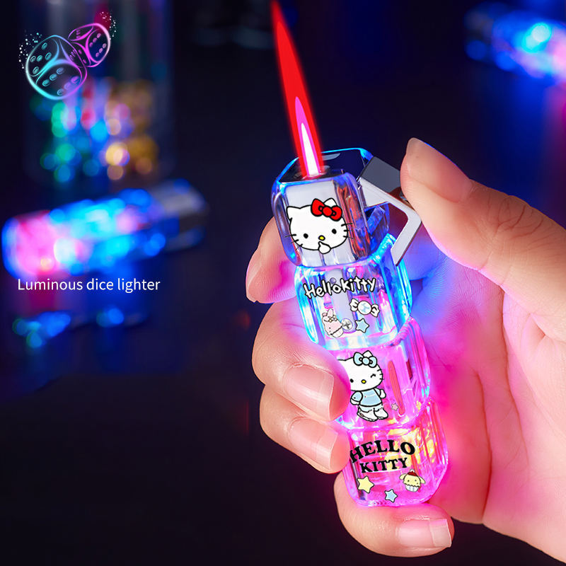 Portable  Transparent Refillable Flashing Dice Lighter Windproof Red Flame Cartoon Lighter