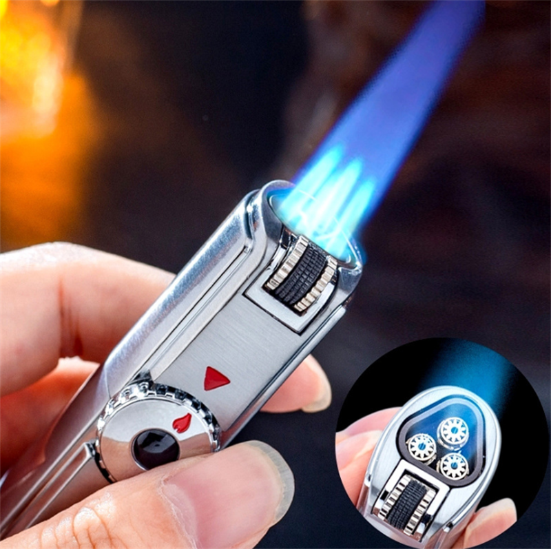 Wholesale Customized Cigarette Butane Triple Flame Jet Gas Inflatable Metal Custom Logo Flint Torch Lighter Cigar