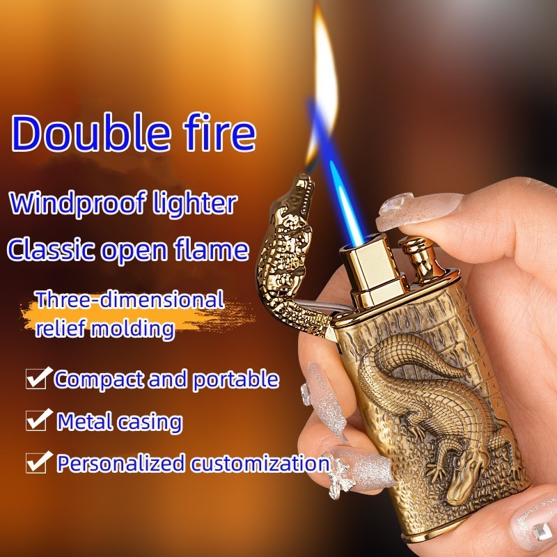 Wholesale Double Fire Crocodile Head Gas Lighter Personality Creative Three-dimensional Relief Conversion Open Flame Lighter