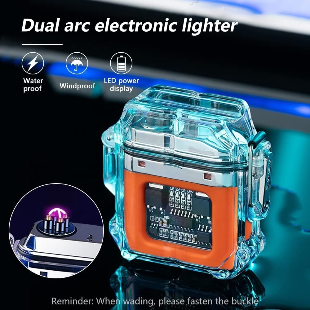 Electronic Rechargeable Lighter Transparent Waterproof Double Arc Lighter LED Power Display Type-C Rechargeable  Outdoor lighter