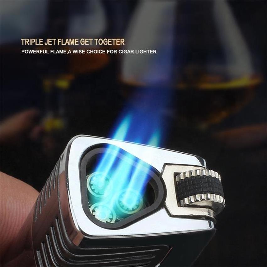 Wholesale Triple Jet Flame Cigar Torch Lighter With Cigar Punch Refillable Butane Gas Flint Lighter For Cigarette