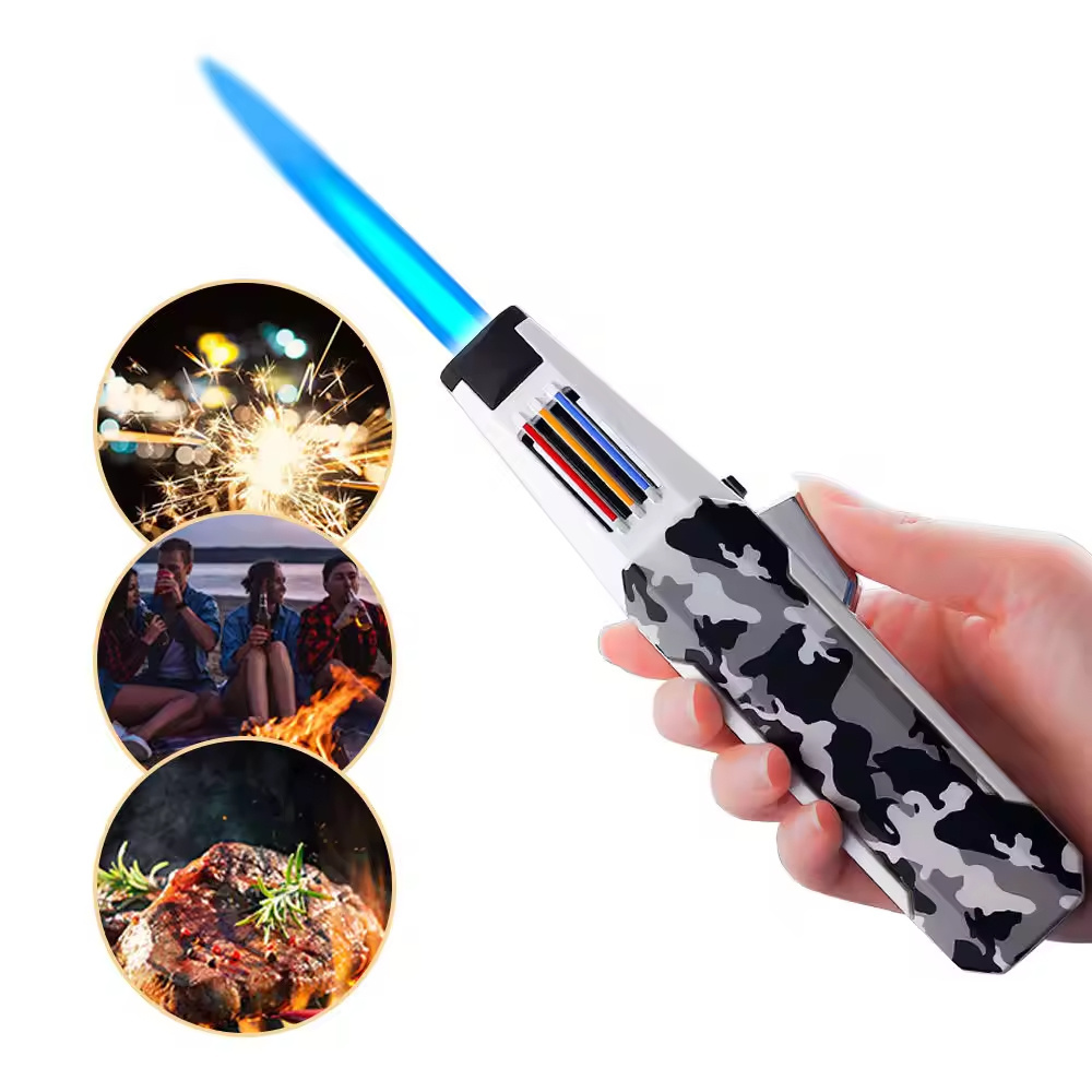 Customized logo Adjustable Powerful Flame Gas Butane Refillable Kitchen Chef Blow Long Pen Torch Lighter For Cigar BBQ Camping