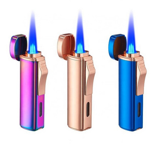 Triple Jet Flame Butane Lighter  Cigarette Torch Lighter with Tobacco Cigar Punch Cutter Premium Smoking Accessories