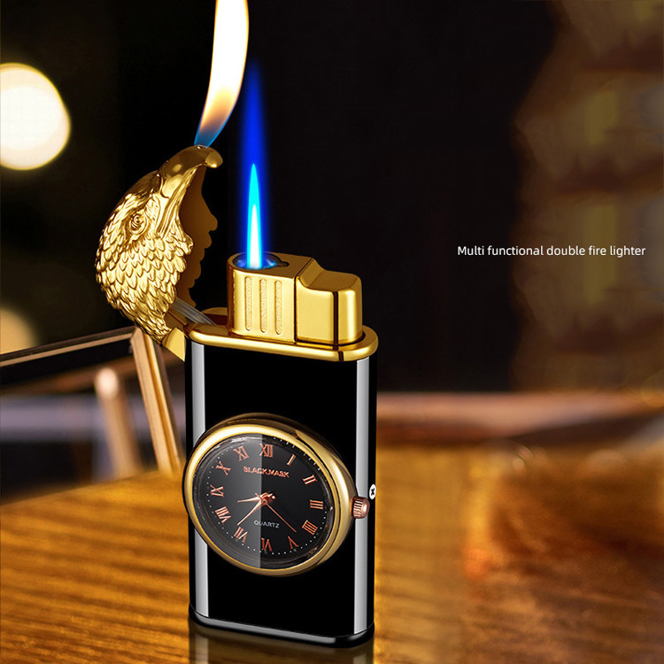 Factory newest eagle clock lighter with light watch lighter inflatable double fire torch lighter laser custom logo