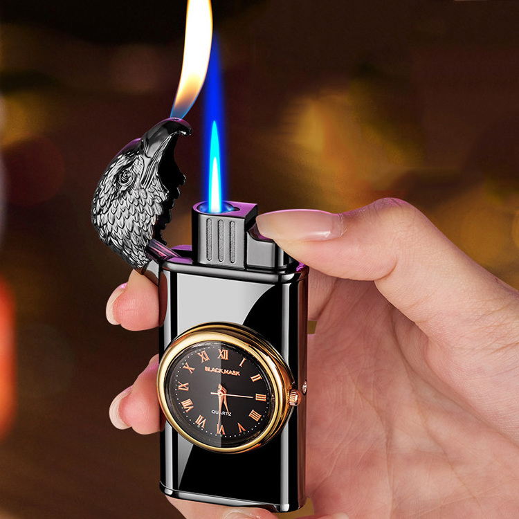 Factory newest eagle clock lighter with light watch lighter inflatable double fire torch lighter laser custom logo