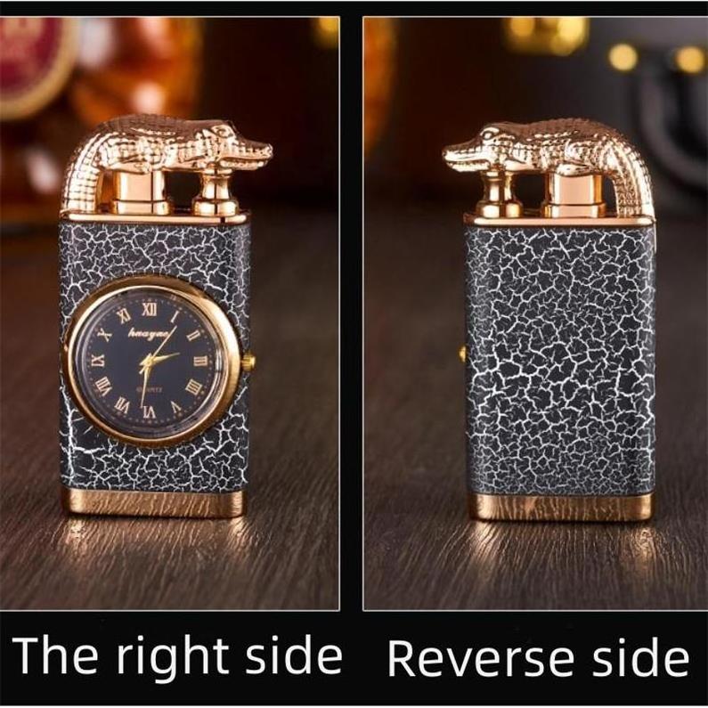 Modern Design Double Flame Crocodile Lighter with Clock Disc Windproof Butane Gas Refillable for Cigarettes