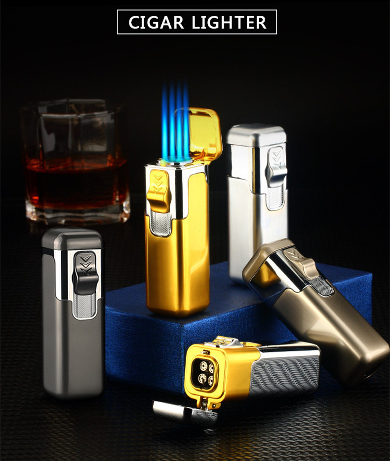 Custom Logo 4-Jet Flame Cigar Table Torch Lighter Adjustable Metal Alloy Windproof Refillable Business Gifts Kitchen Gift Box