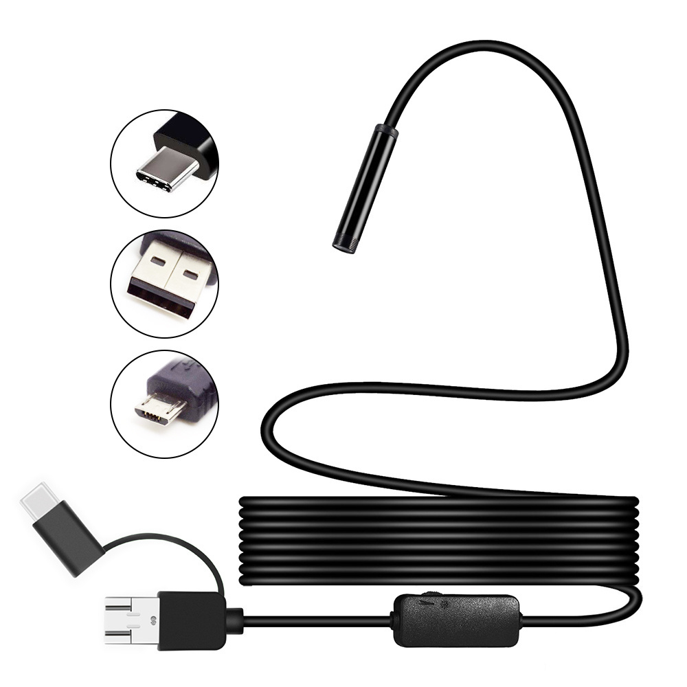 3 In 1 USB Endoscope Camera 5.5mm Lens Inspection Borescope IP67 Waterproof Snake Cam 1M Hardwire for Android PC