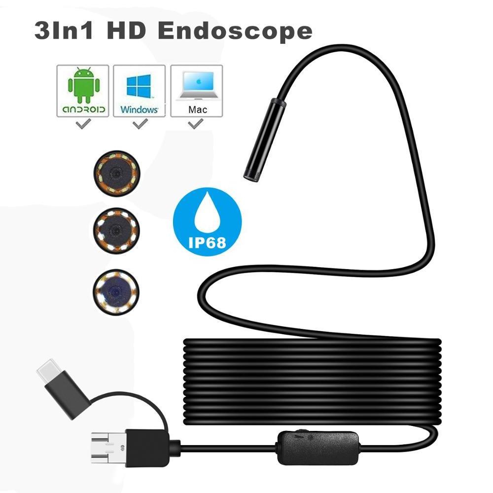 USB Endoscope,3 in 1 Endoscope Inspection Camera 0.3 Megapixels Waterproof Snake Camera