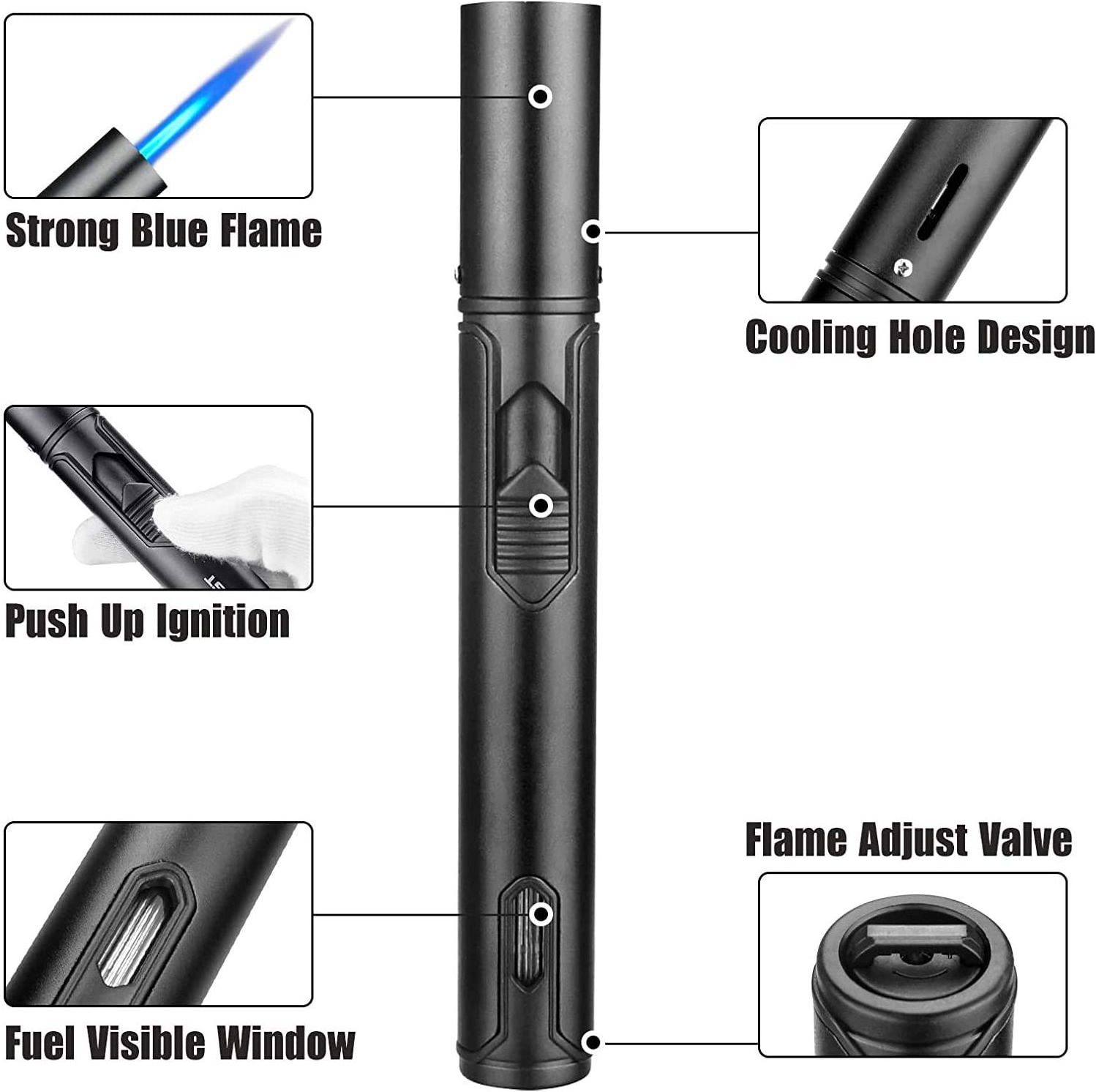 Torch Lighter with Fuel Level Window, 6.0in Long Windproof Pen Lighter Adjustable Jet Flame for Candle Grill Kitchen BBQ Firewor