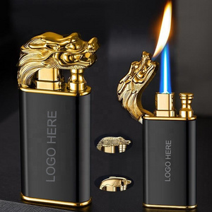 wholesaler fancy custom logo double flame dragon cool smoking cigarette refillable gas torch  lighters