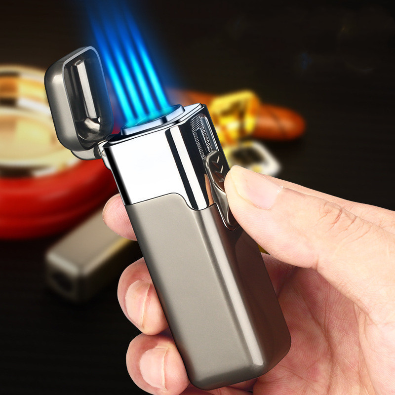 Custom Logo 4-Jet Flame Cigar Table Torch Lighter Adjustable Metal Alloy Windproof Refillable Business Gifts Kitchen Gift Box