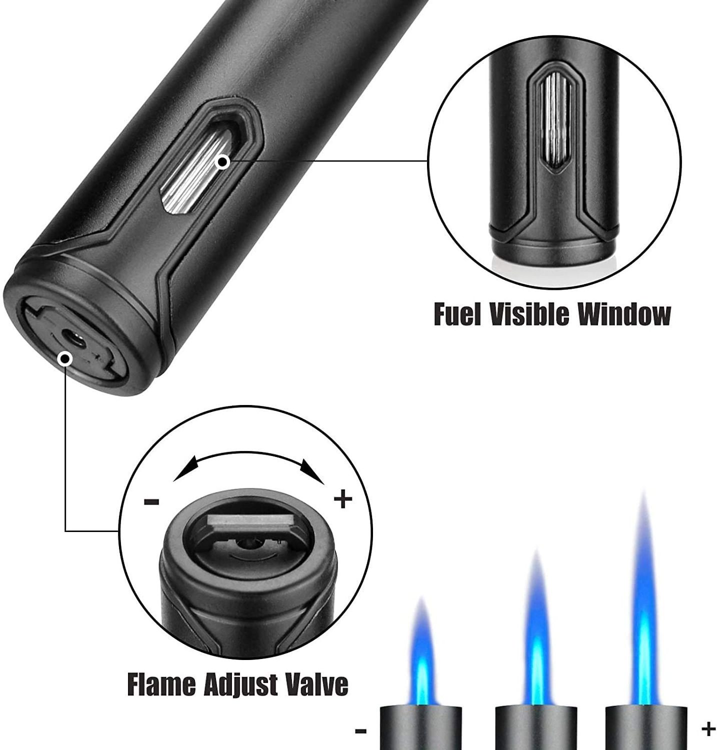 Torch Lighter with Fuel Level Window, 6.0in Long Windproof Pen Lighter Adjustable Jet Flame for Candle Grill Kitchen BBQ Firewor