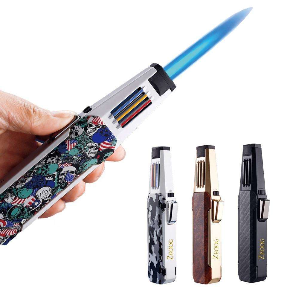 Customized logo Adjustable Powerful Flame Gas Butane Refillable Kitchen Chef Blow Long Pen Torch Lighter For Cigar BBQ Camping