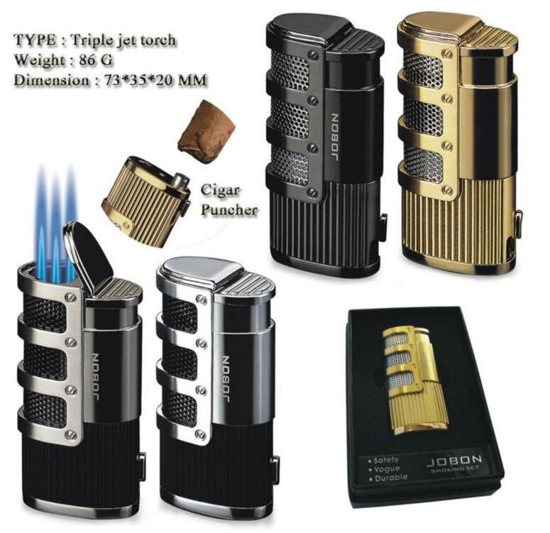 Cigar Accessories Triple Jet Torch Butane Refillable Cigar  Lighters with Punch Cigar Cutter