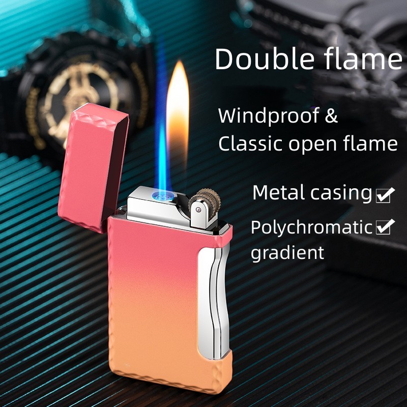 Windproof Cigar Torch Lighter Gradient Color Double Flame Soft/ Jet Flame Switchable Lighter For Men