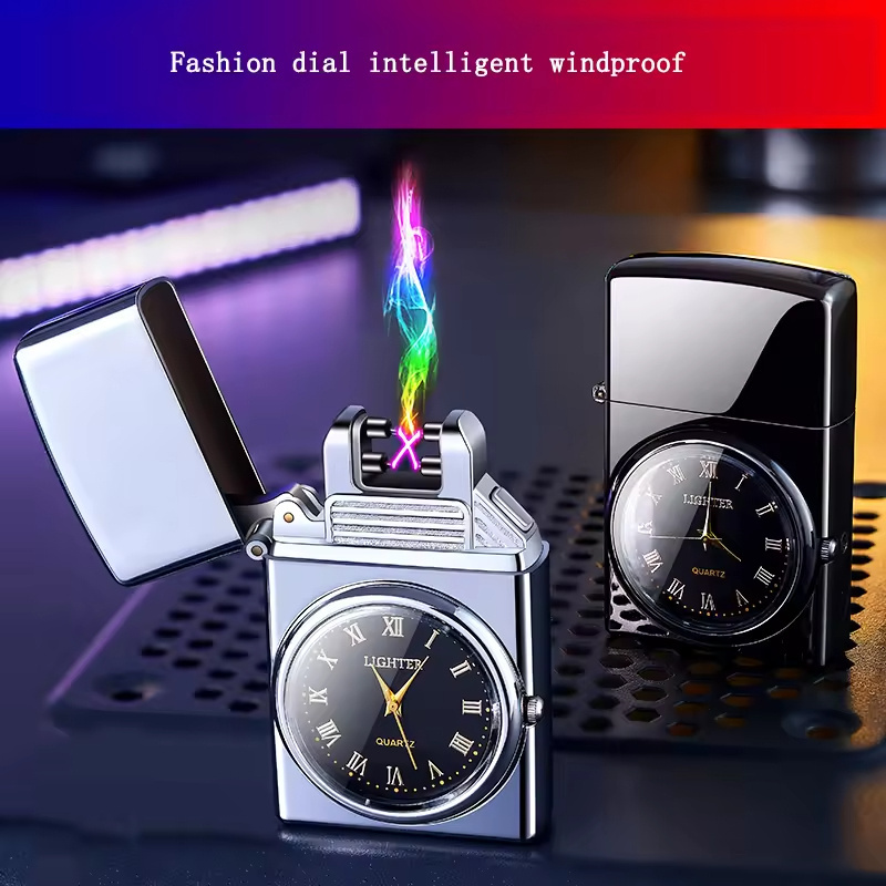 Hot Selling  Classic Design USB Rechargeable Plasma Lighters Unique Smoking Flameless Arc Pulse Custom Torch Lighter With Watch