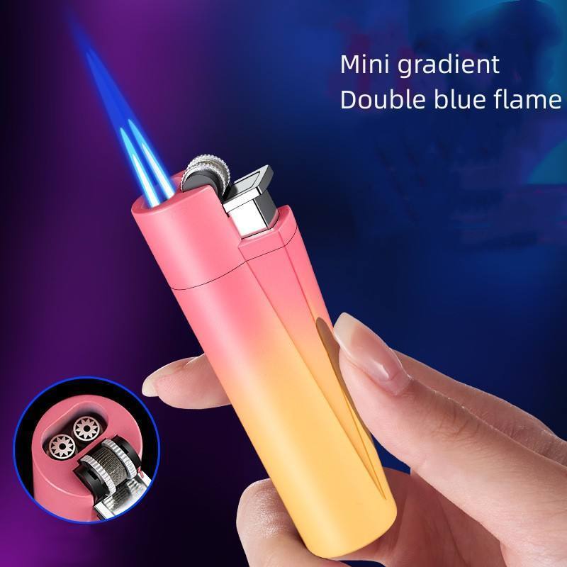 Mini Gradient Compact Slim Double Direct Jet Torch Lighter Vintage Grinding Wheel Lighter Metal Inflatable Windproof Lighter