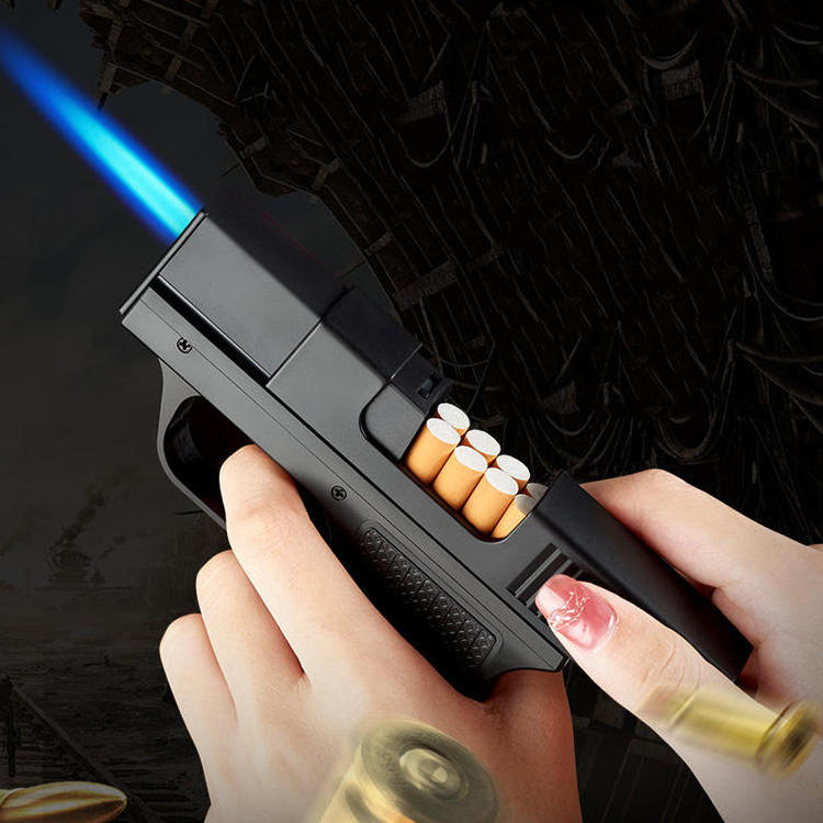 Novel gun model cigarette case lighter 2 in 1 torch blue flame gun lighter cigarette case for cigarettes