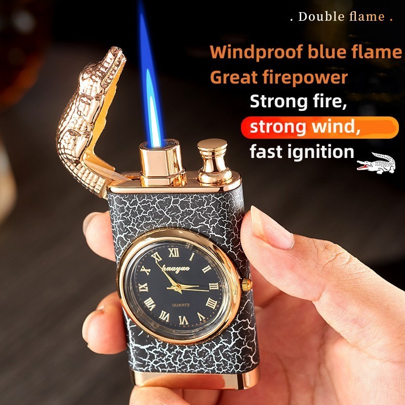 Modern Design Double Flame Crocodile Lighter with Clock Disc Windproof Butane Gas Refillable for Cigarettes