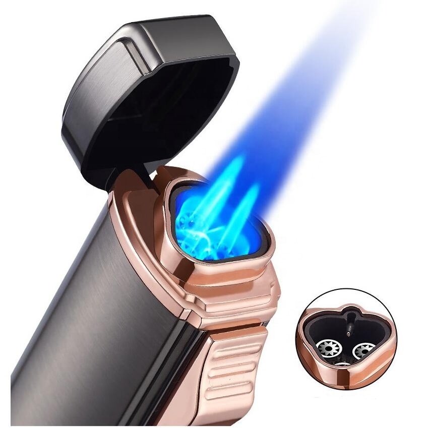 Triple Jet Flame Butane Lighter  Cigarette Torch Lighter with Tobacco Cigar Punch Cutter Premium Smoking Accessories