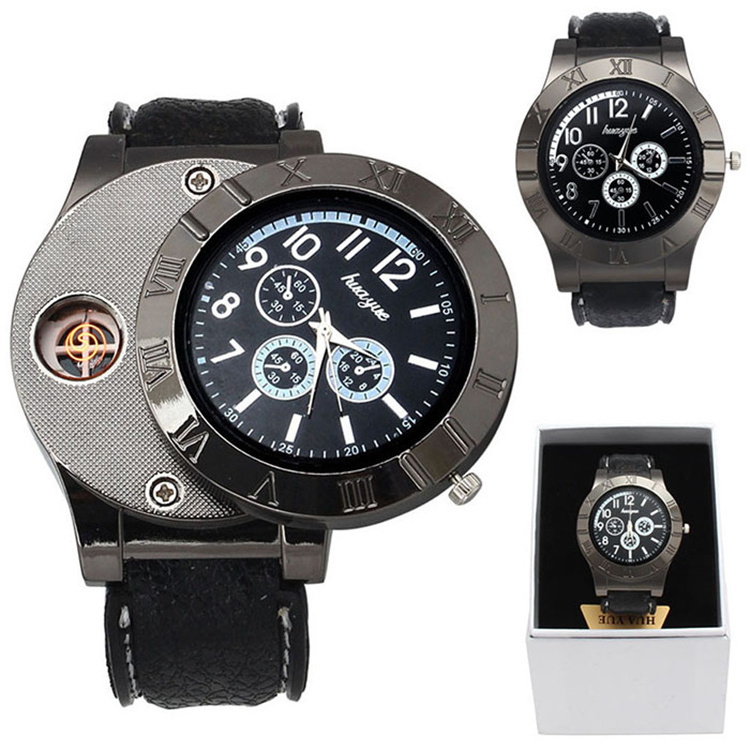 Custom Men's Rechargeable USB Flameless Cigarette Wrist Watch Lighter Electronic Metal with Coil Heater Gift Box Packed