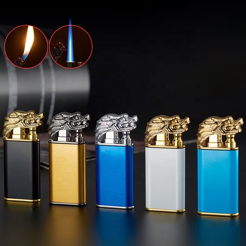 wholesaler fancy custom logo double flame dragon cool smoking cigarette refillable gas torch  lighters