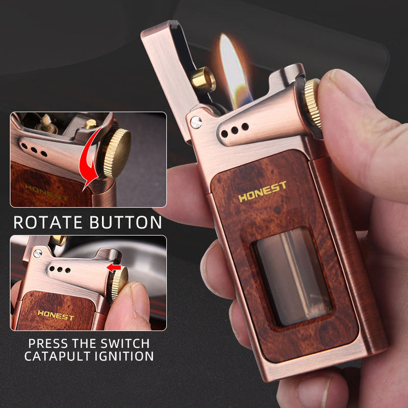 Wholesale High Quality Retro Vintage Kerosene Lighter Transparent Wood Grain Design Oil Gas Flame Refillable Cigarette Jet