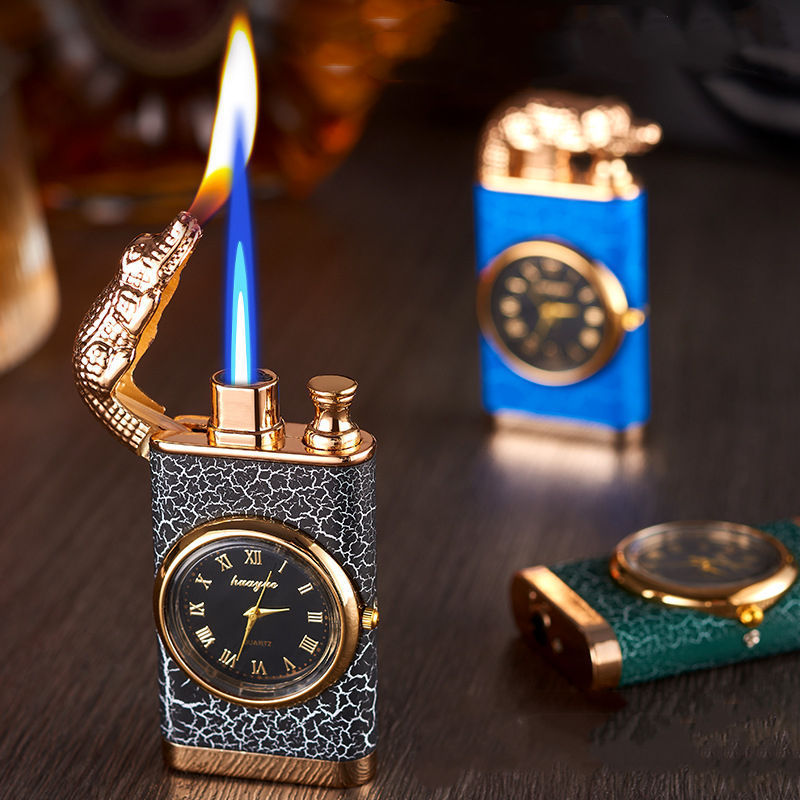 Modern Design Double Flame Crocodile Lighter with Clock Disc Windproof Butane Gas Refillable for Cigarettes