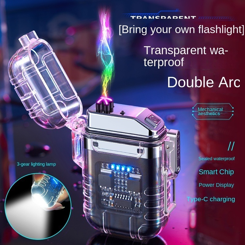 New Outdoor Windproof Waterproof Double Arc Cigarette Lighter Transparent Body Lighter USB Pulse Camping Lighter