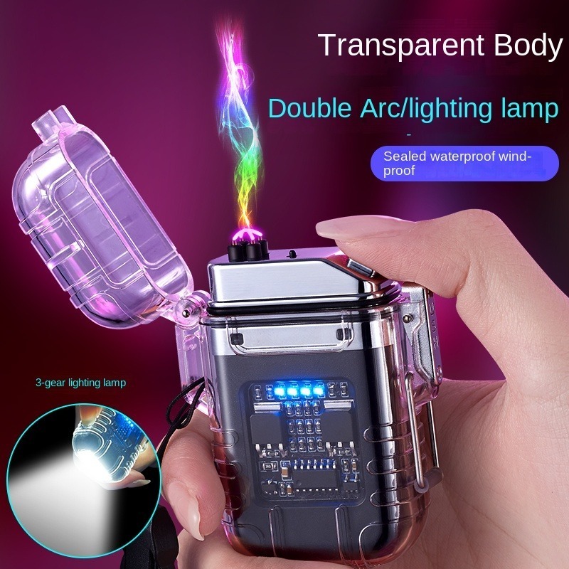 New Outdoor Windproof Waterproof Double Arc Cigarette Lighter Transparent Body Lighter USB Pulse Camping Lighter