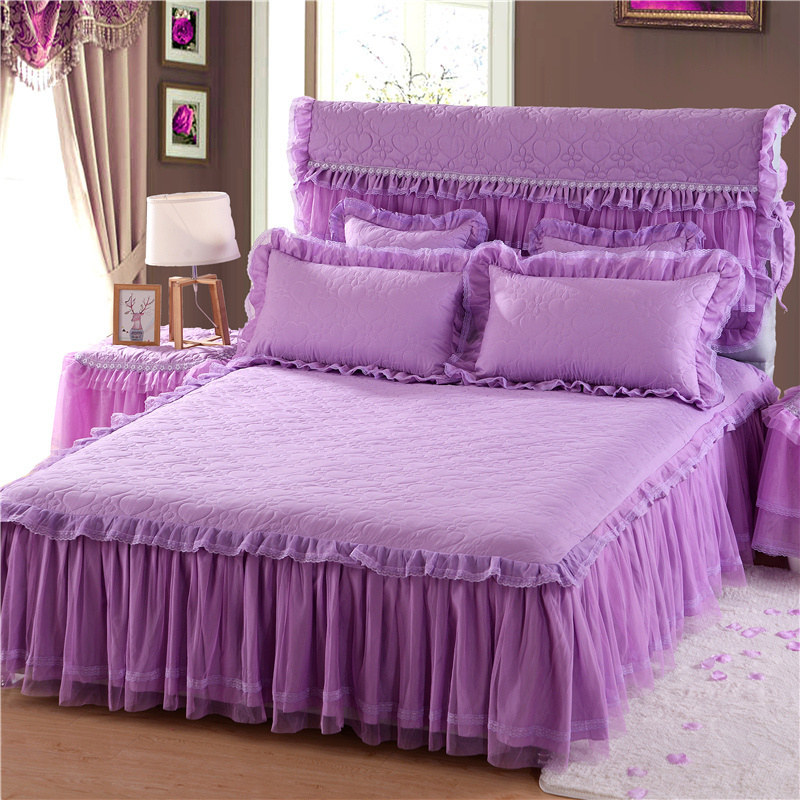 Hot sale European style  cotton lace edge 4 pieces purple bedding set textiles bedroom bed skirt bedding set