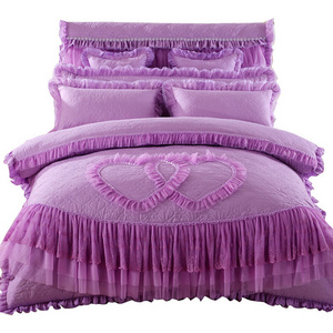 Hot sale European style  cotton lace edge 4 pieces purple bedding set textiles bedroom bed skirt bedding set