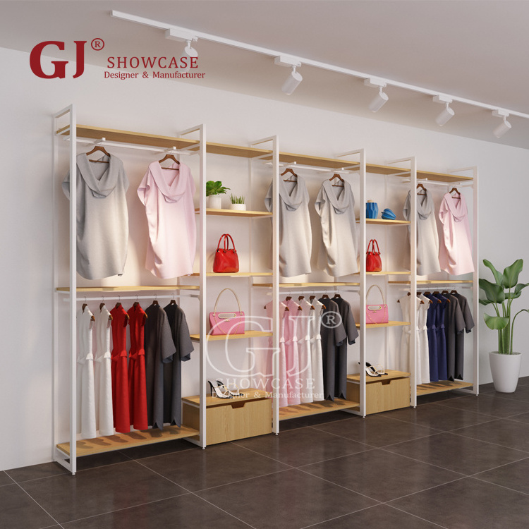 Retail Shop Wood Garment Rack Clothing Wall Displays Wall Mounted Clothes Rack With Shelves Hanging Stand