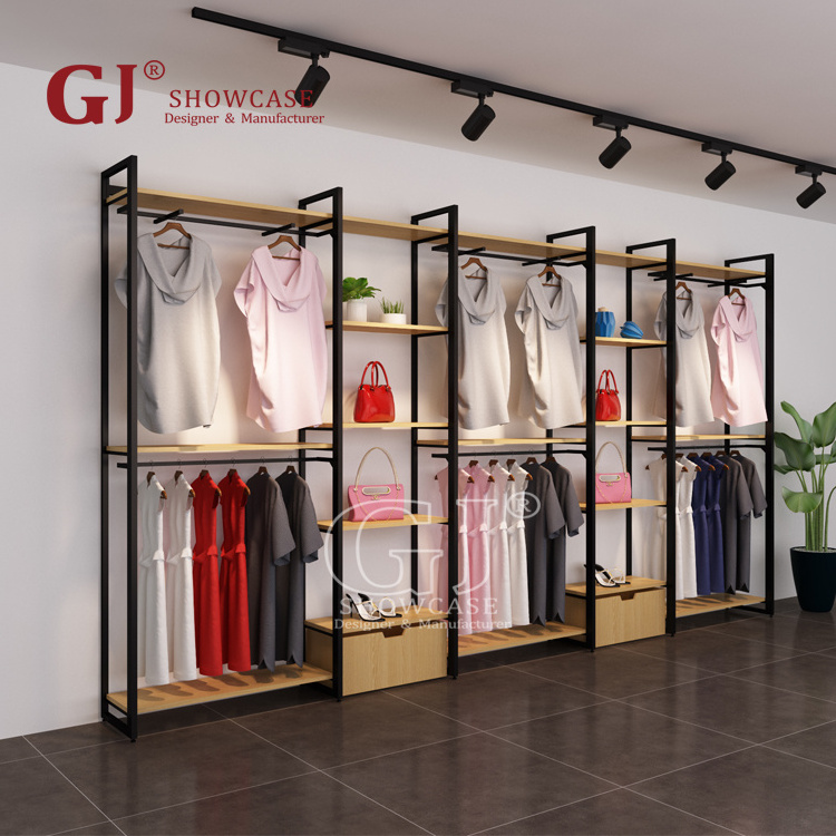 Retail Shop Wood Garment Rack Clothing Wall Displays Wall Mounted Clothes Rack With Shelves Hanging Stand