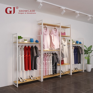 Retail Shop Wood Garment Rack Clothing Wall Displays Wall Mounted Clothes Rack With Shelves Hanging Stand