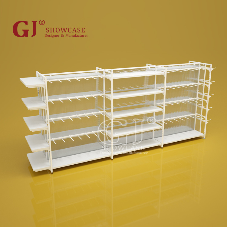 Wholesale retail cosmetics metal minisos gondola display shelf for supermarket miniso shop display island gift store design